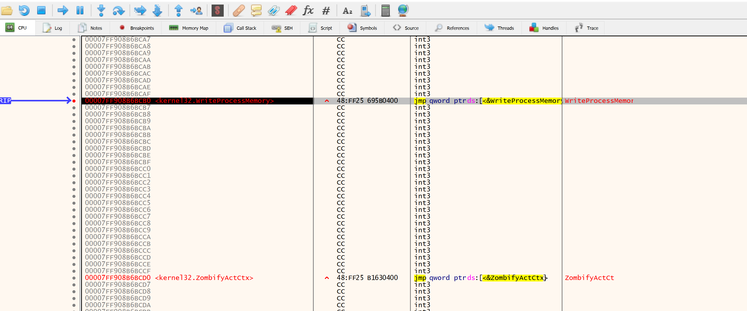 Breakpoint hit, notepad launched, no shellcode yet
