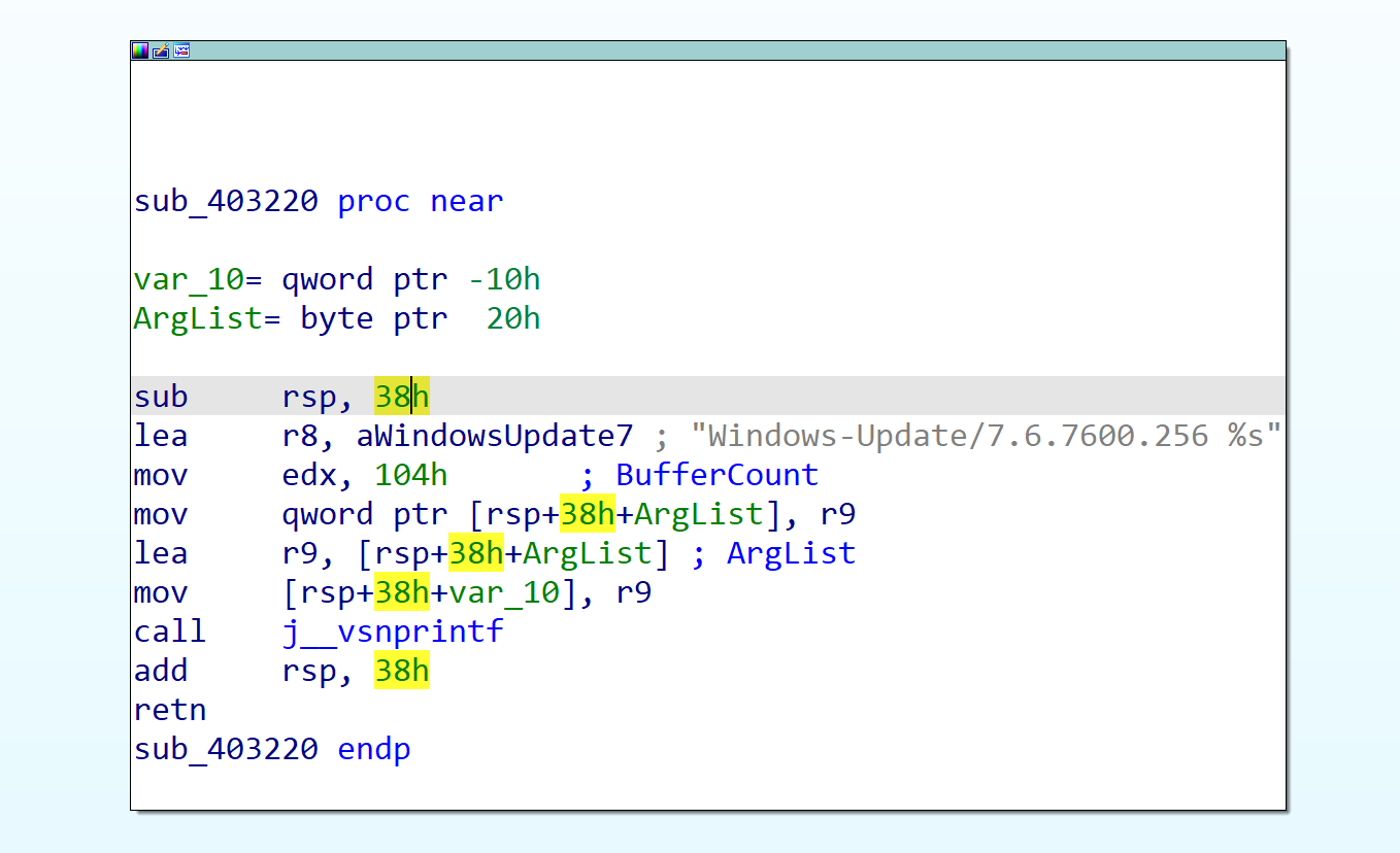 IDA building the fake Windows Update User-Agent