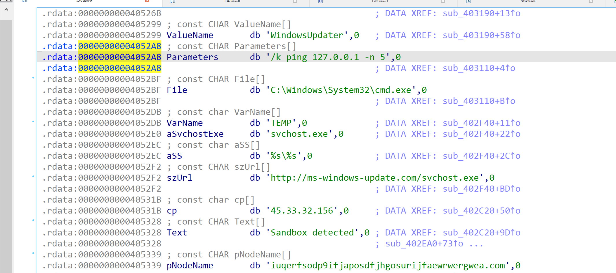 IDA showing the .rdata strings loaded for ShellExecuteA