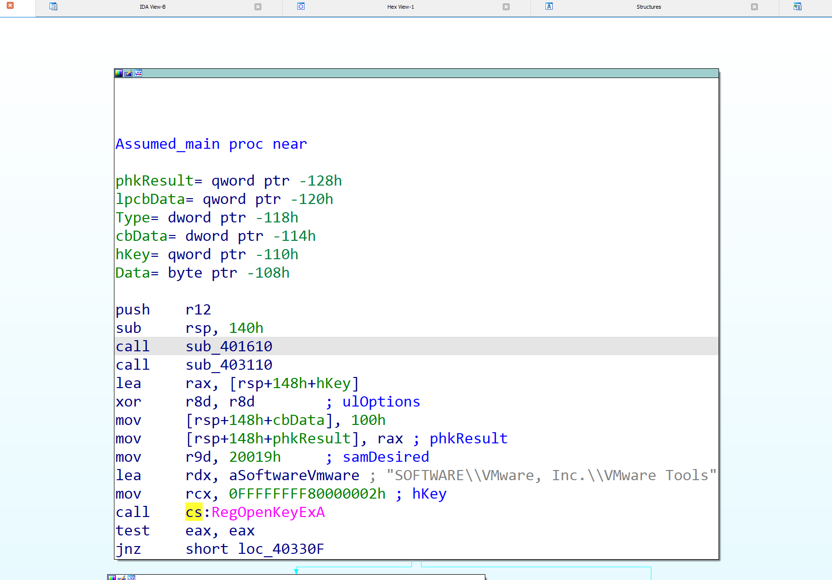 IDA with the renamed main and its two calls