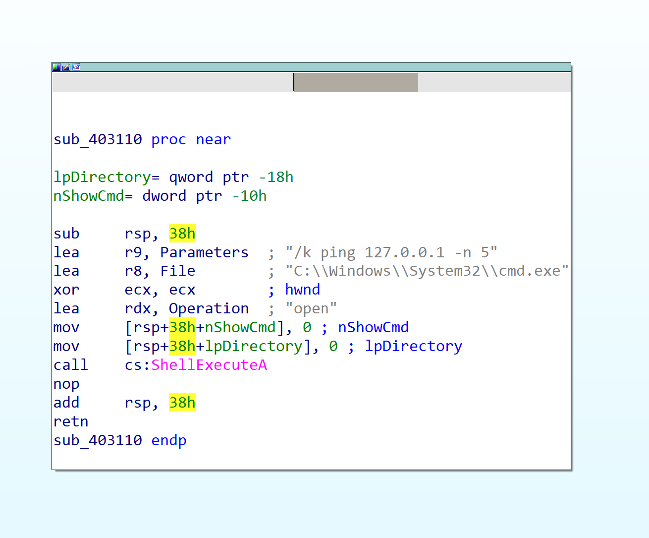 IDA sub_403110 using ShellExecuteA to ping as a delay
