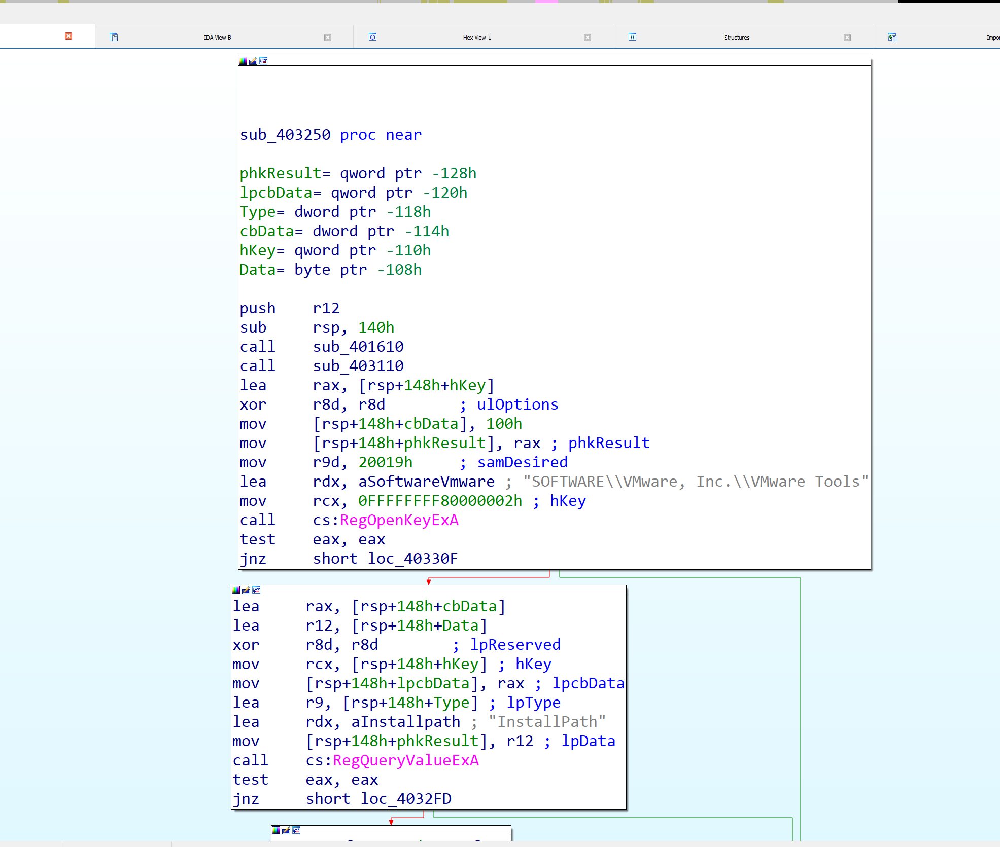 IDA sub_403250 opening the VMware registry key