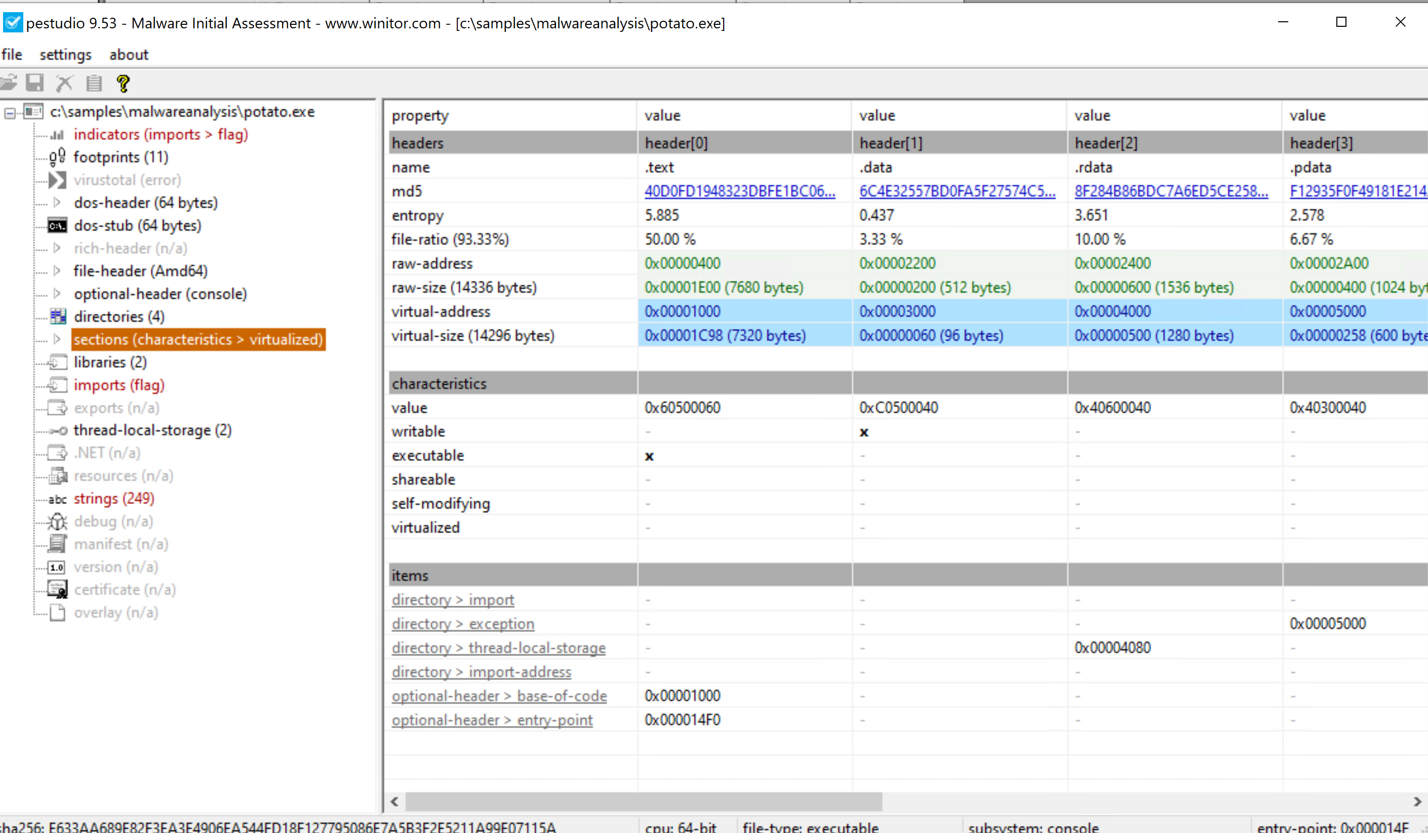 pestudio showing the .text section entropy of potato.exe