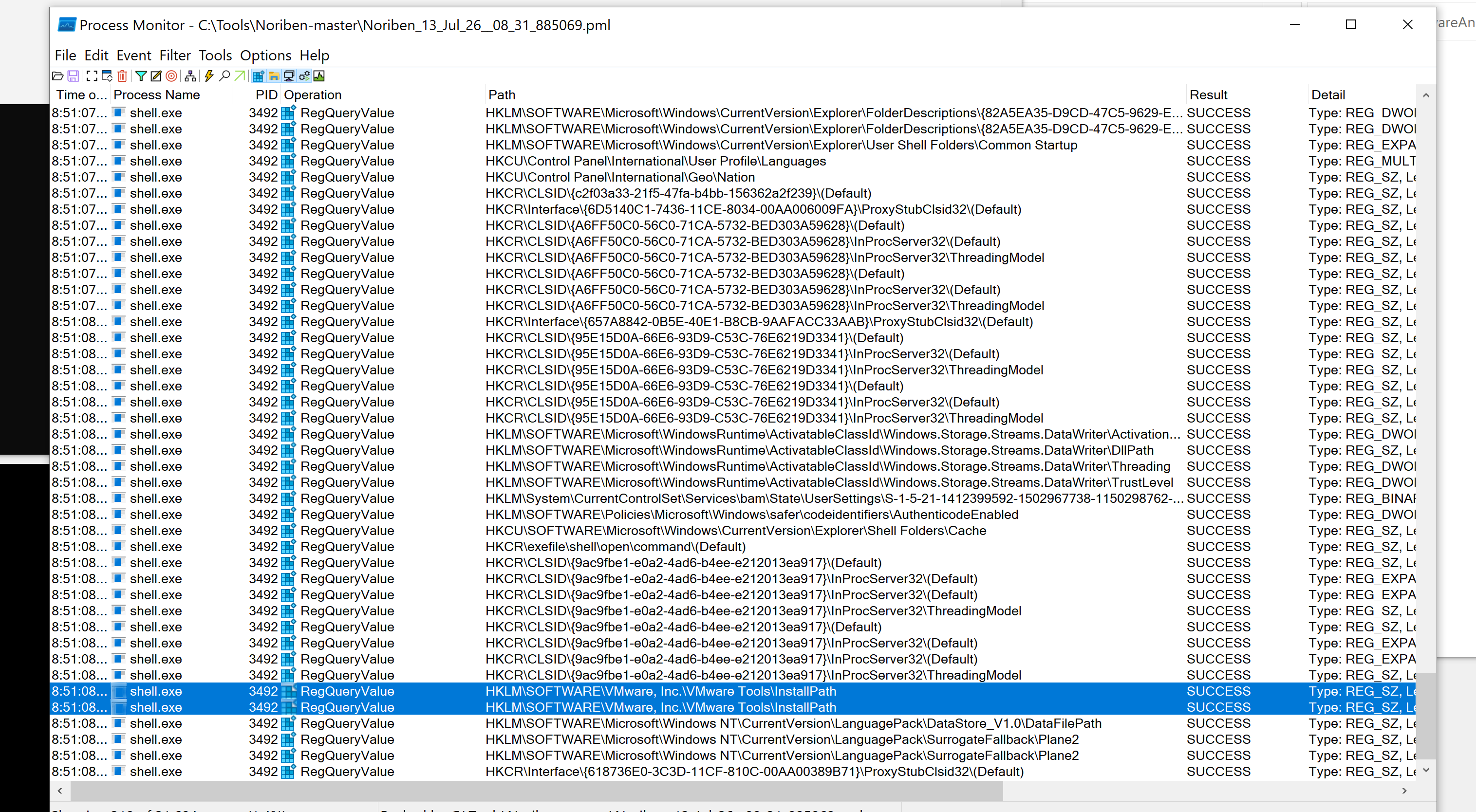 Procmon filtered to shell.exe querying the VMware Tools registry key