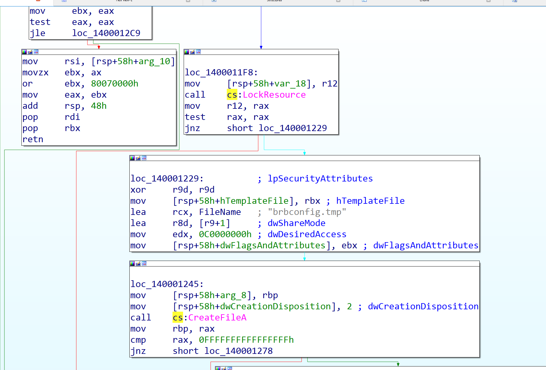 IDA cross-reference from CreateFileA to the dropped file brbconfig.tmp