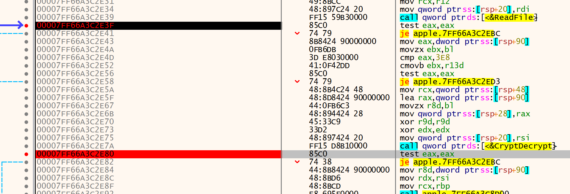 x64dbg breakpoint below the CryptDecrypt call