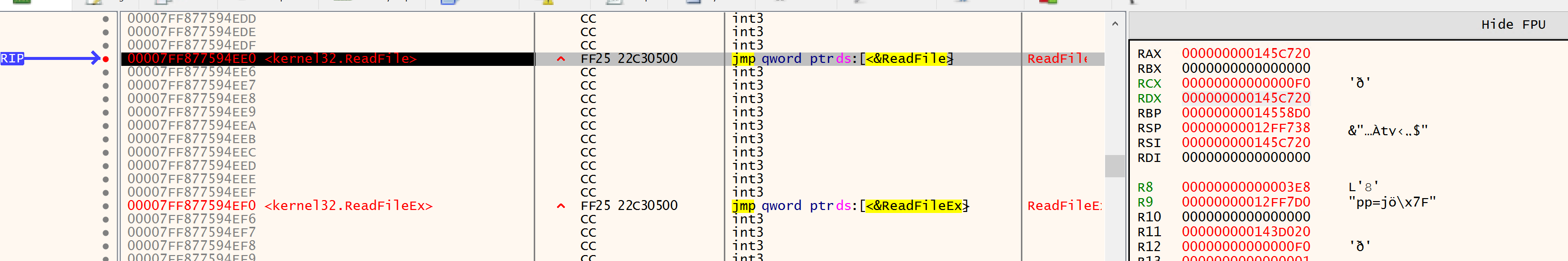 x64dbg ReadFile registers