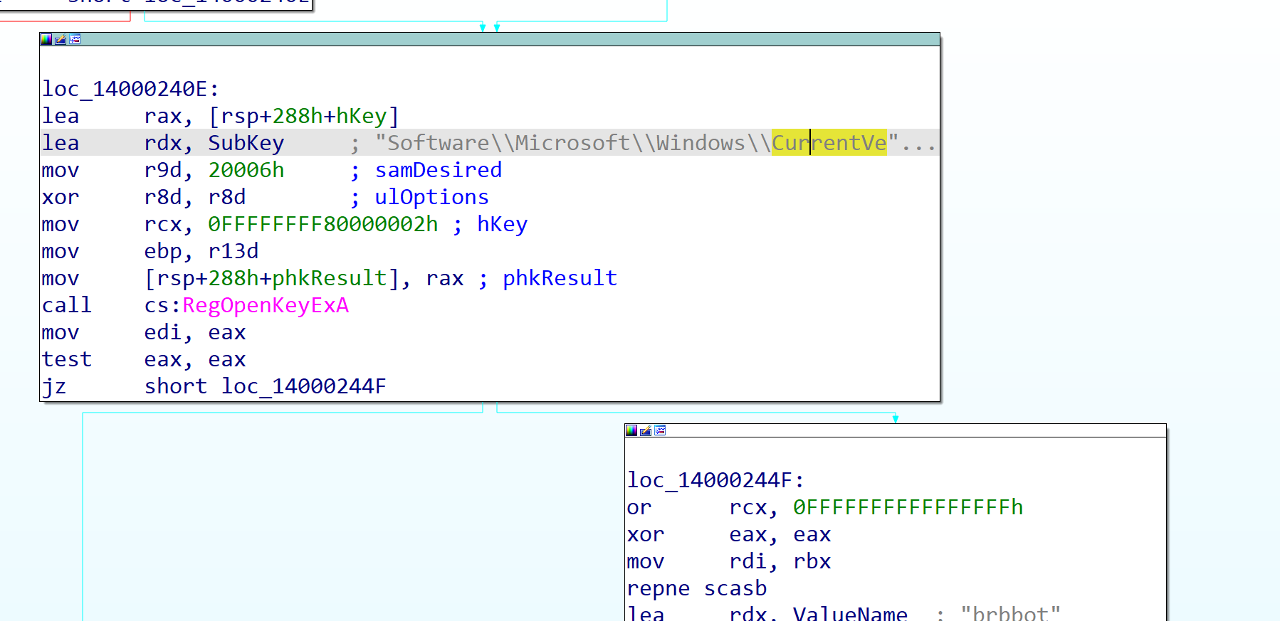 IDA RegOpenKeyExA / RegSetValueExA autostart write