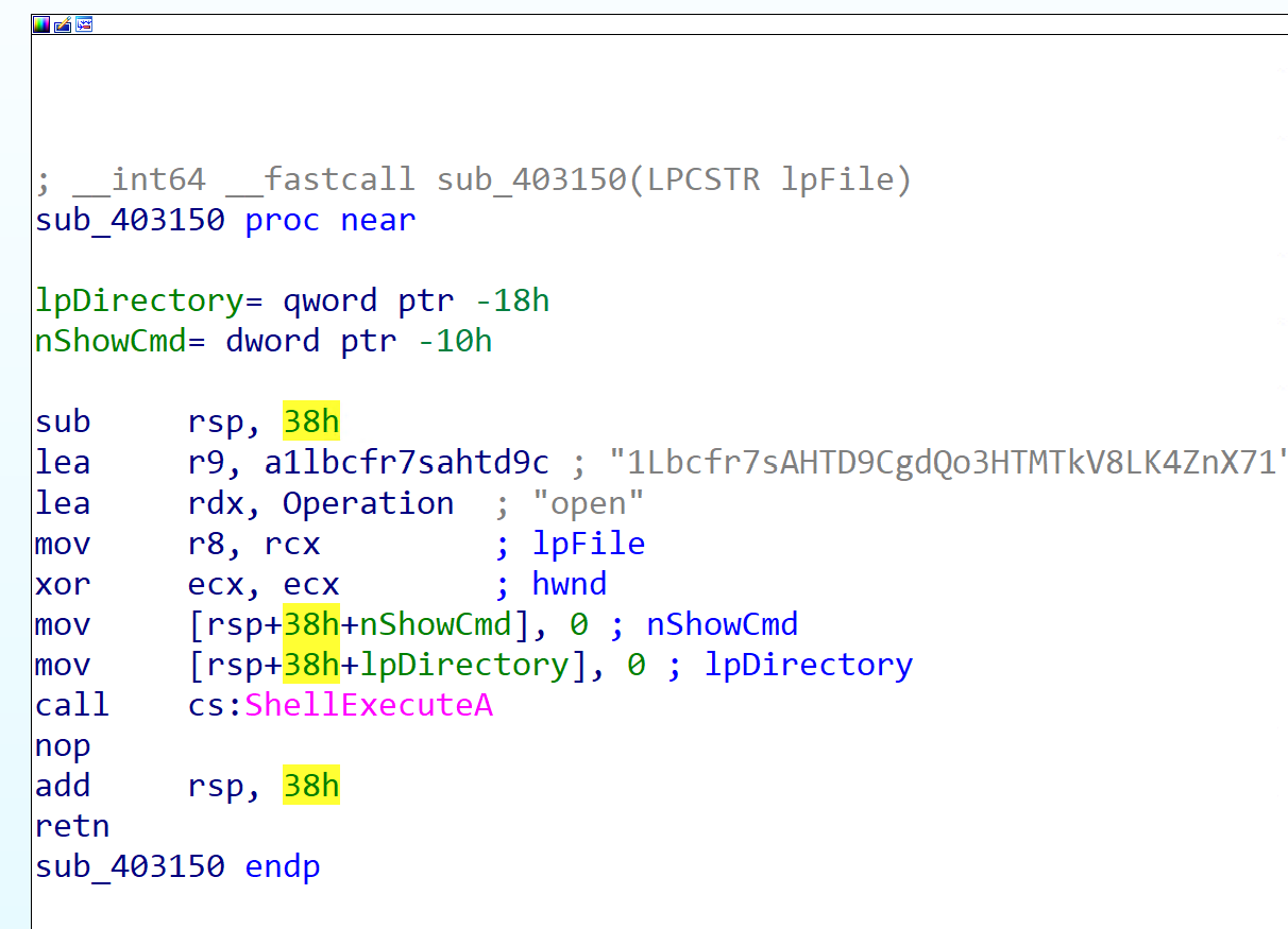 IDA sub_403150 launching the payload with the BTC address argument