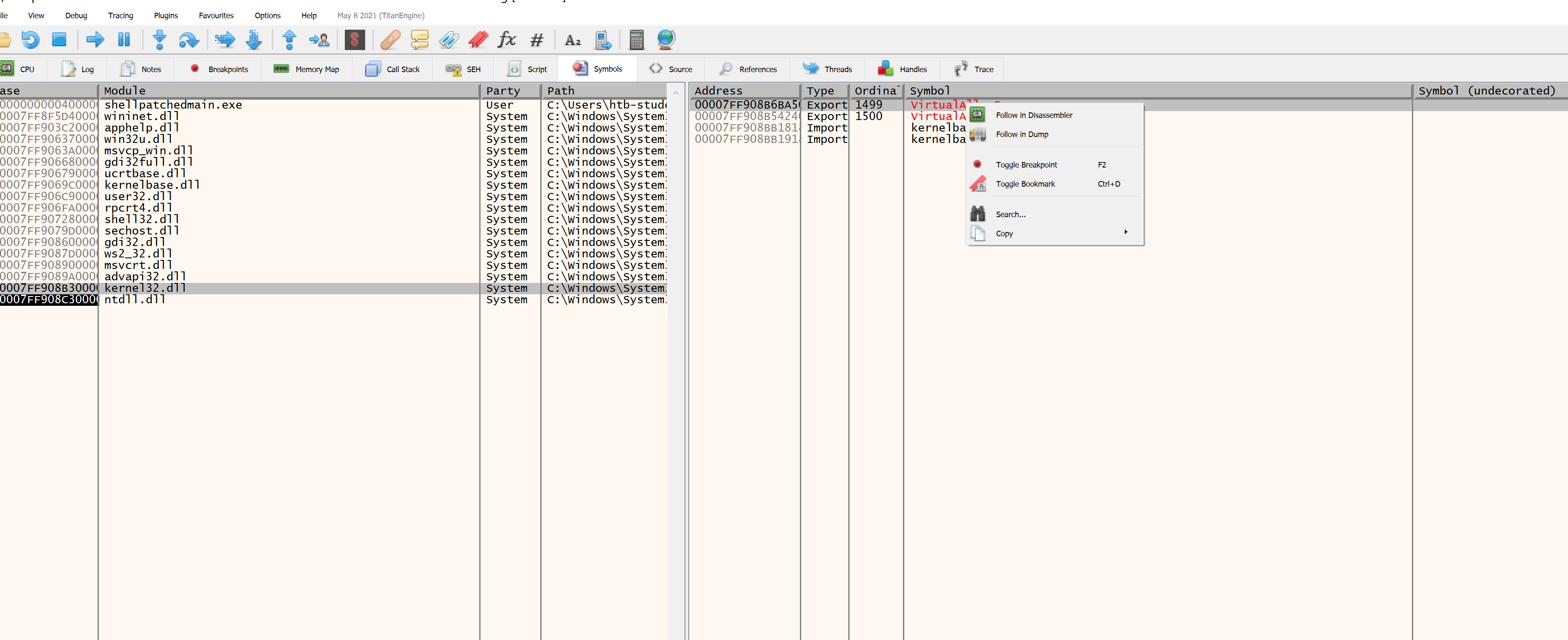 Symbol search for VirtualAllocEx in Kernel32.dll