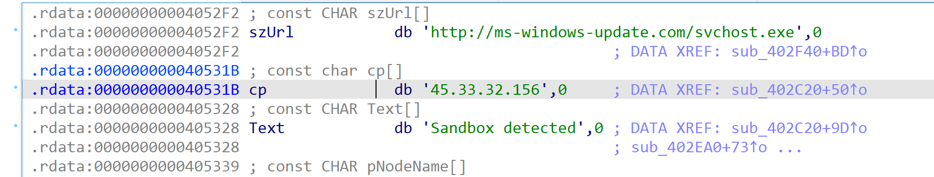 IDA showing the destination IP 45.33.32.156