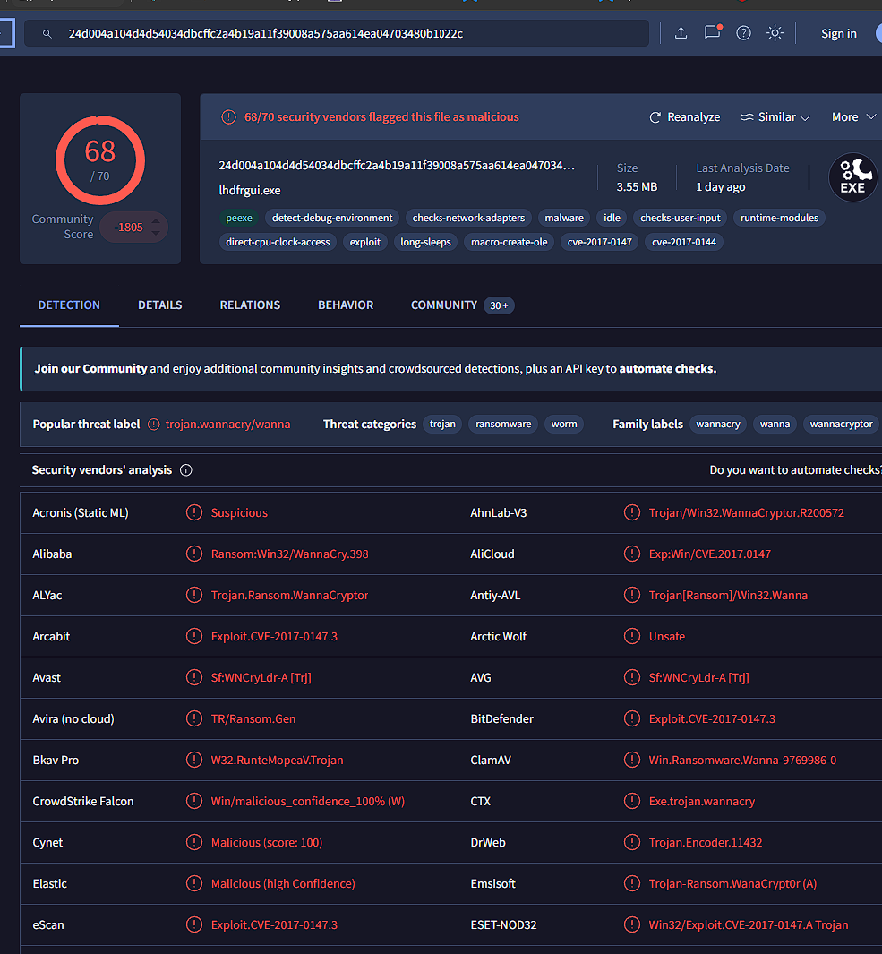 VirusTotal lookup of the WannaCry hash