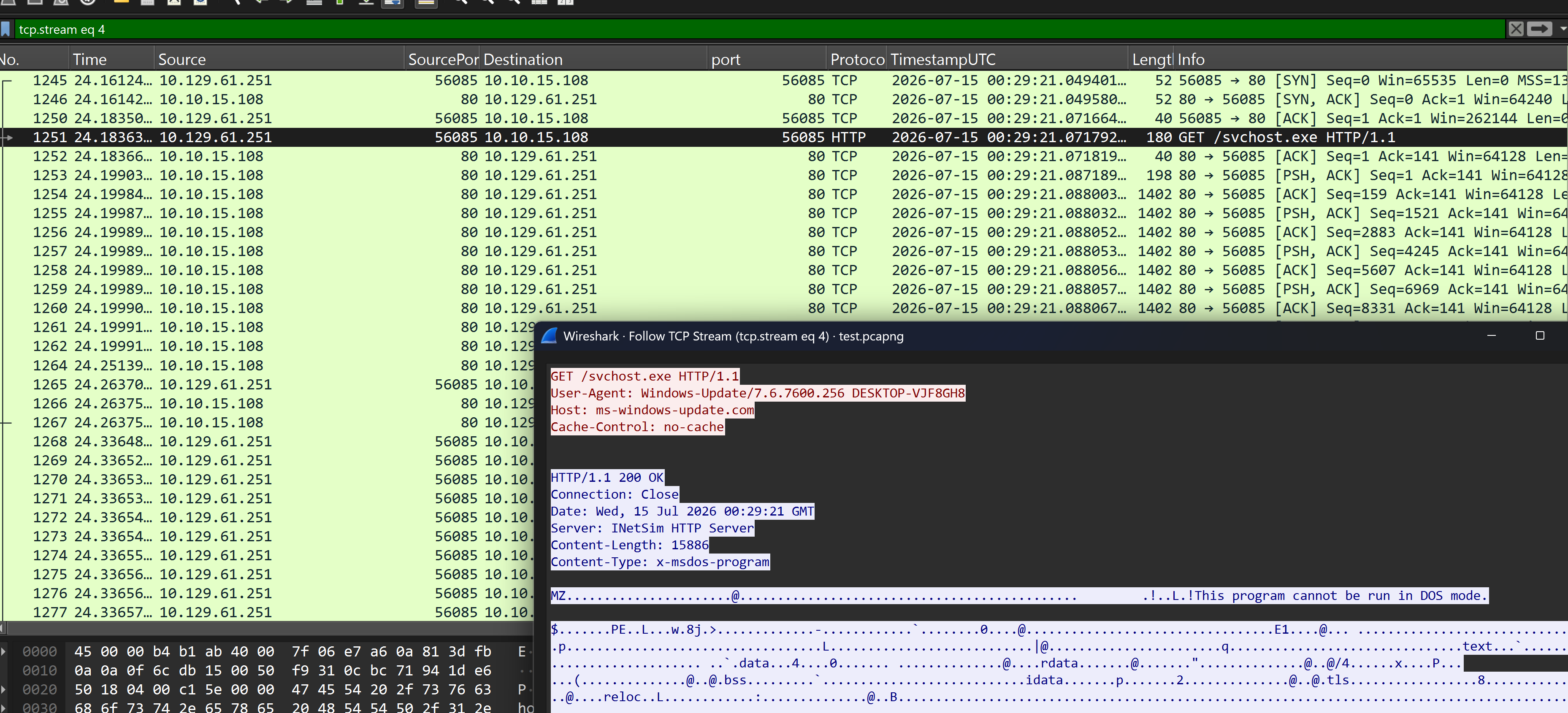 Wireshark showing the hostname in the User-Agent