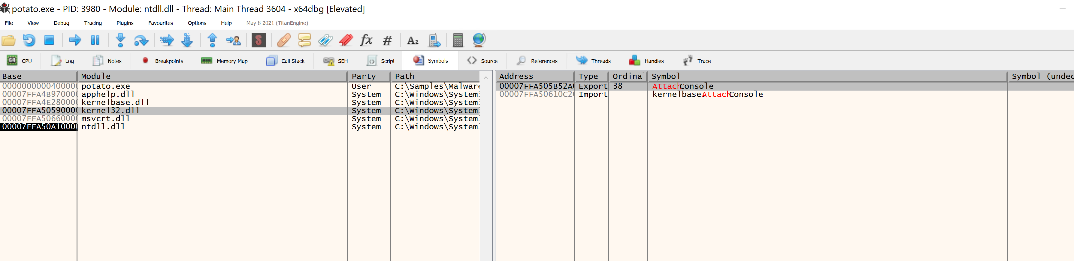 x64dbg Symbols tab showing the AttachConsole export in Kernel32.dll