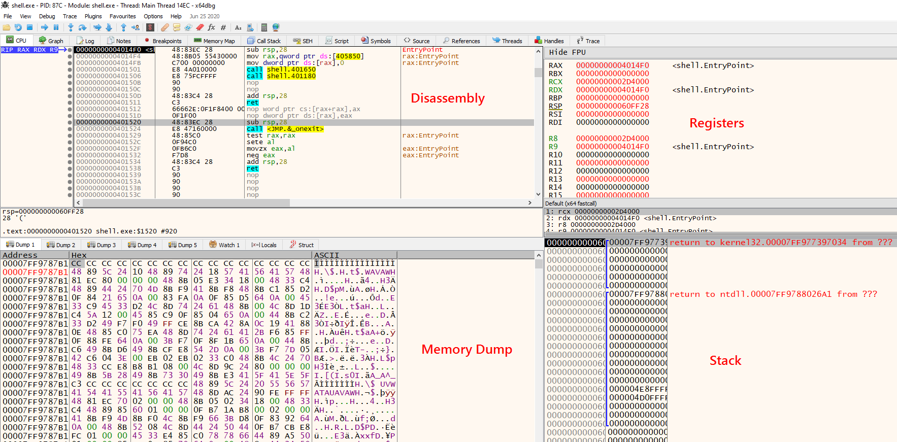 x64dbg four-pane layout. Source: Hack The Box Academy