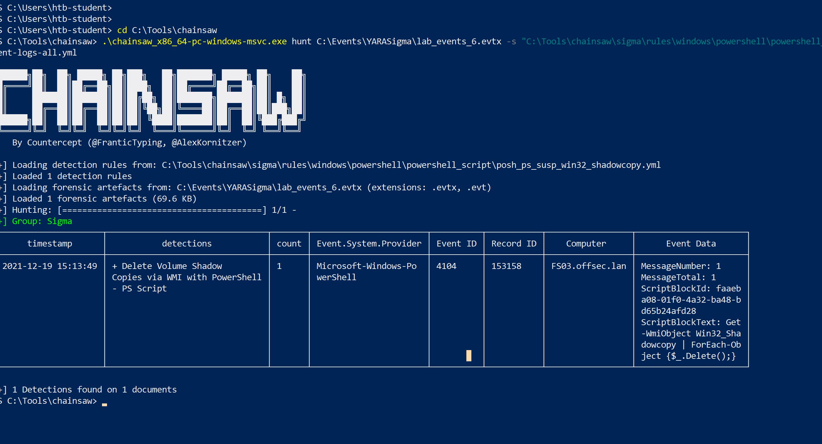 Chainsaw detection of shadow-copy deletion via WMI PowerShell