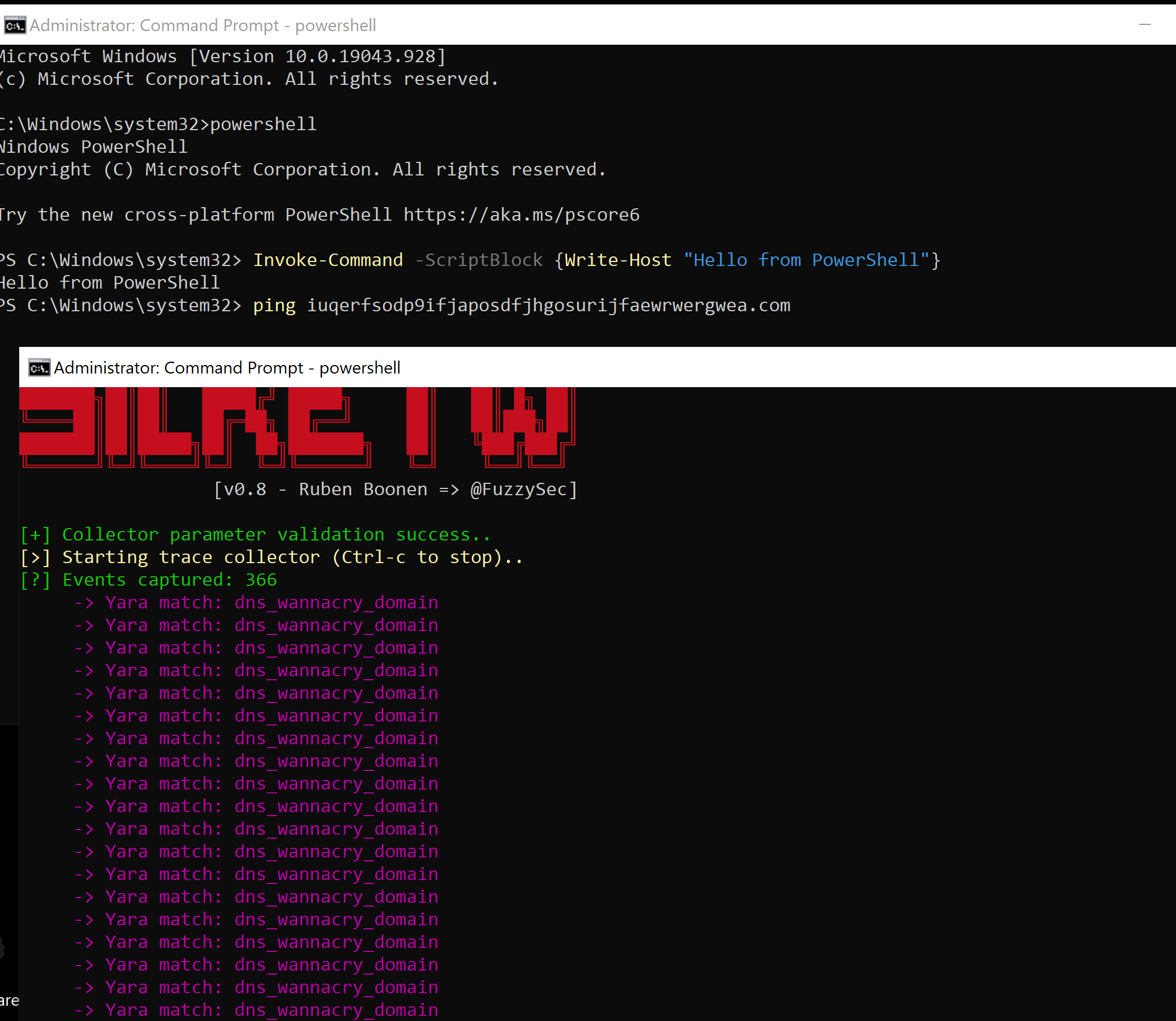 SilkETW reporting a YARA match on the WannaCry domain in DNS ETW data