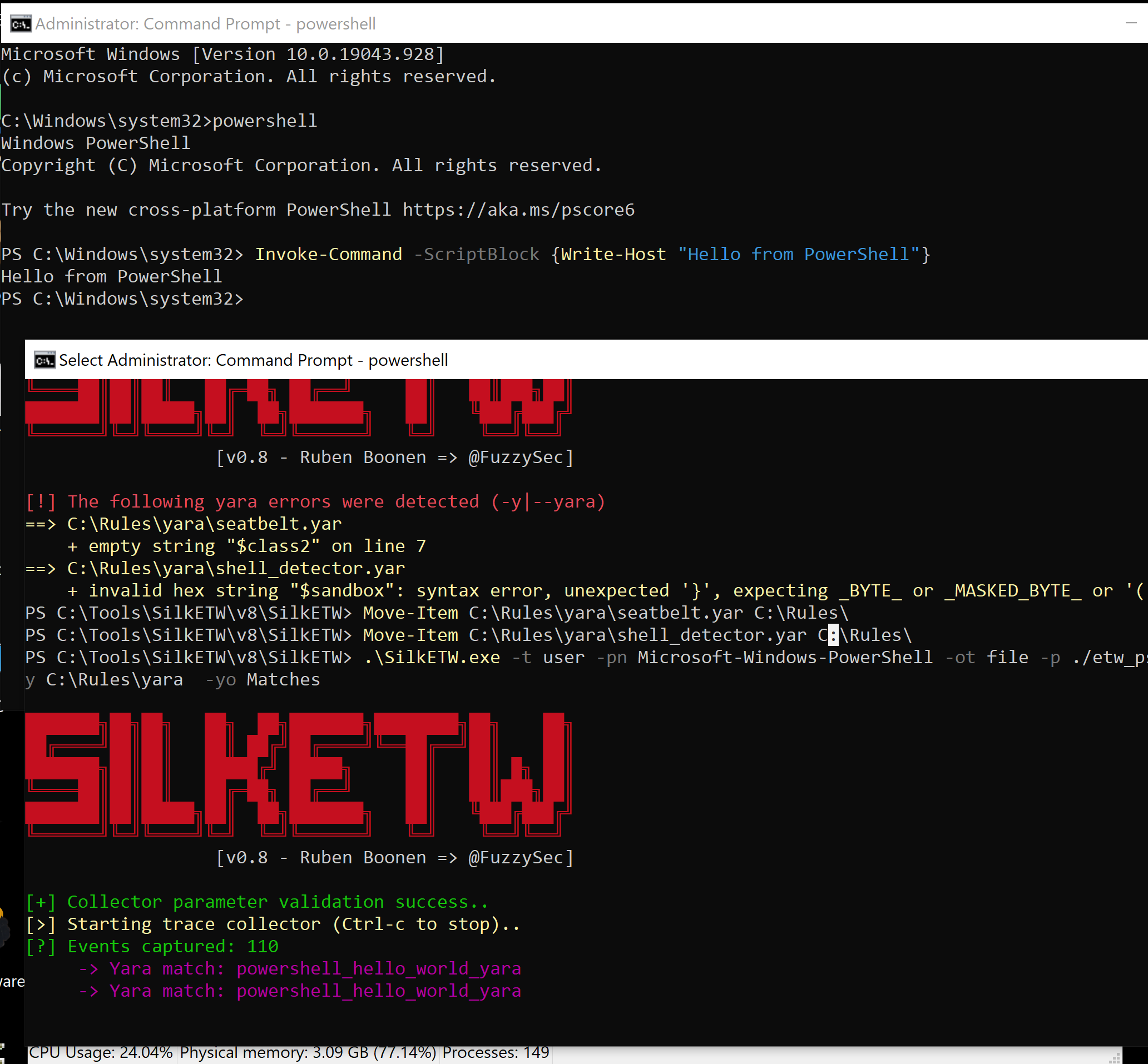 SilkETW reporting a YARA match on PowerShell ETW data