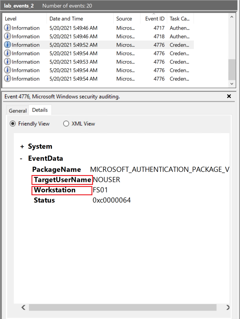 Event 4776 showing repeated failed NTLM logins for NOUSER from a single workstation
