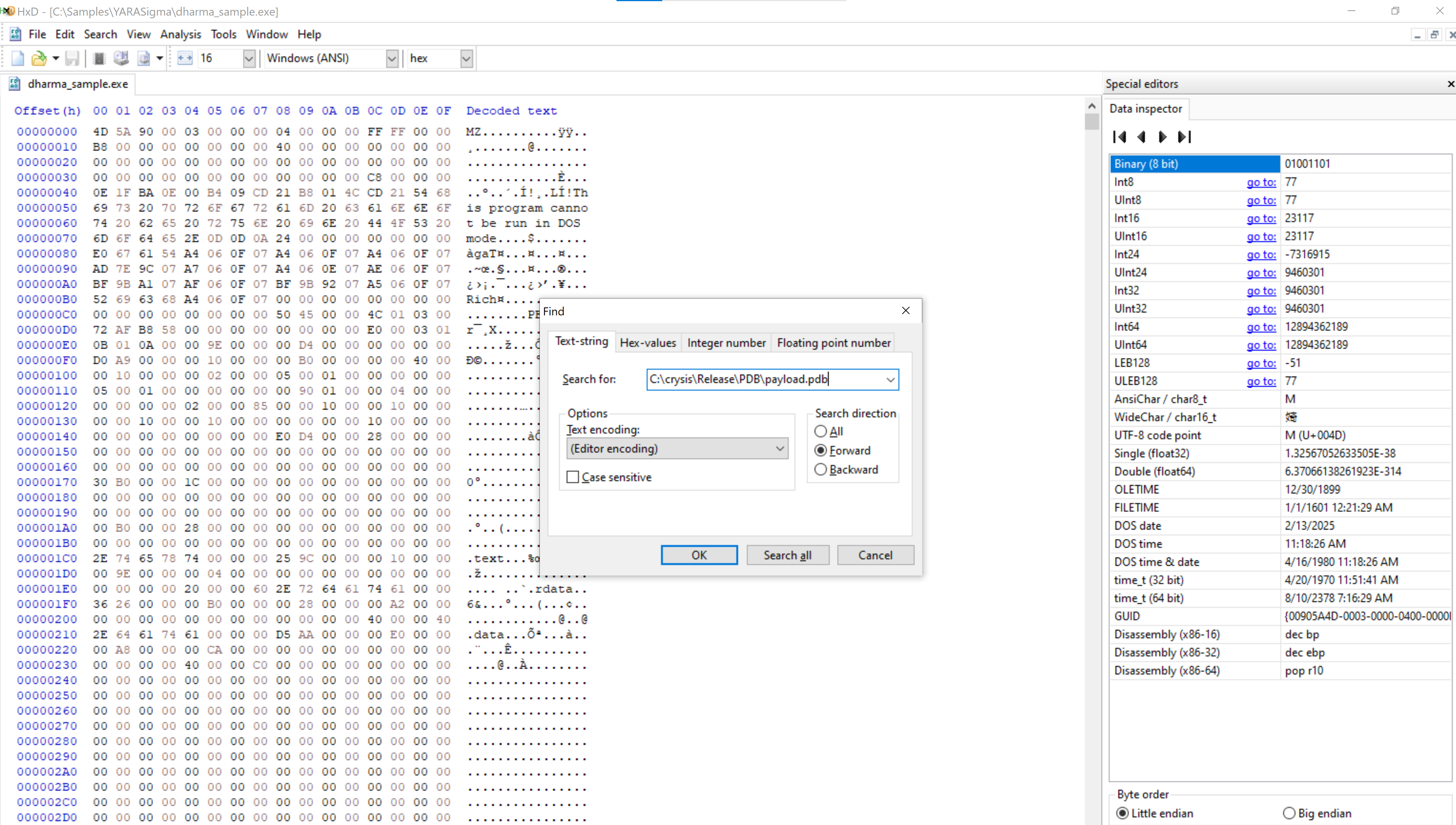 HxD showing the crysis PDB path bytes inside the dharma sample