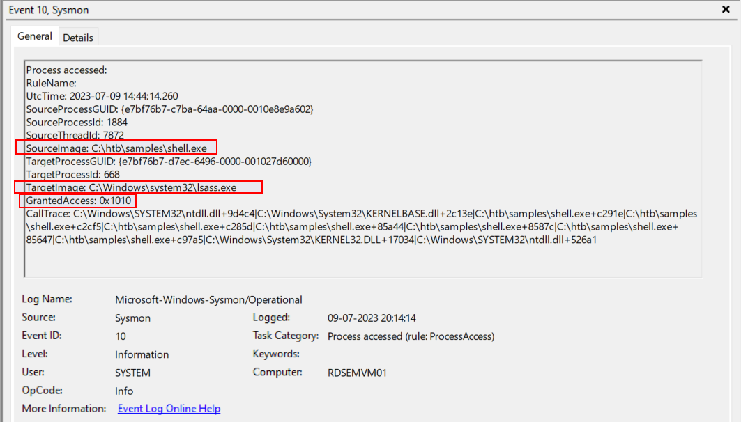 Windows event log showing the LSASS process-access event with GrantedAccess 0x1010