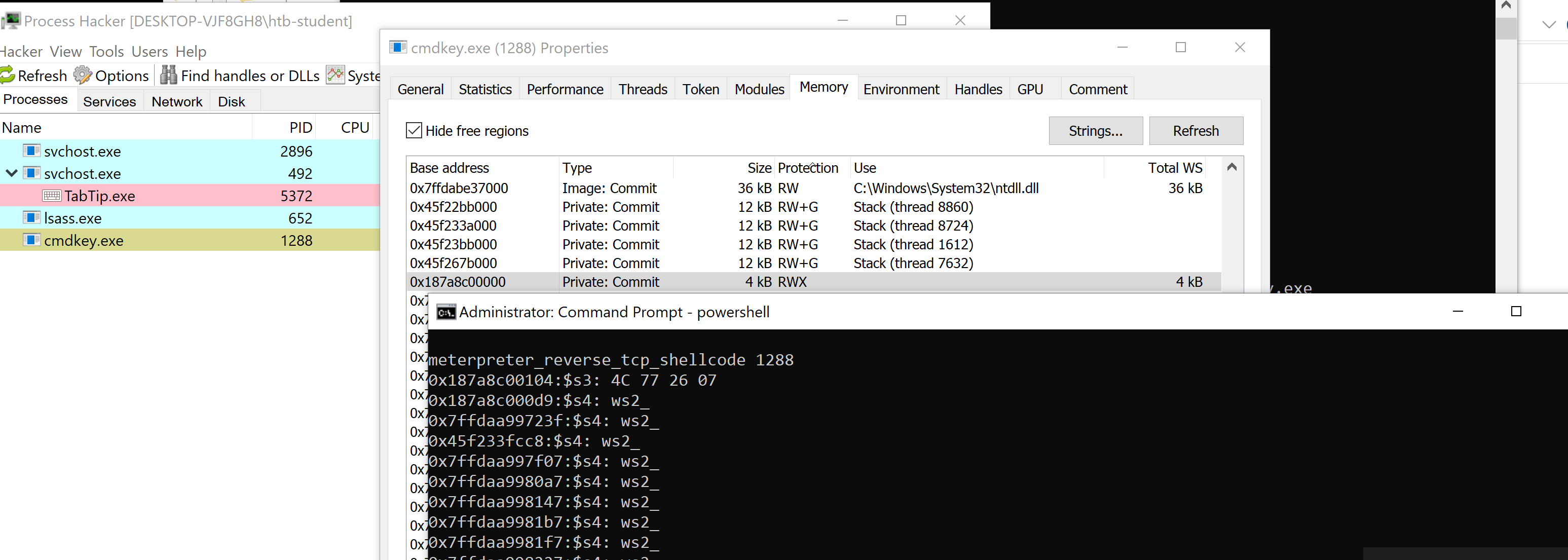 Process Hacker showing the injected meterpreter region in the target process