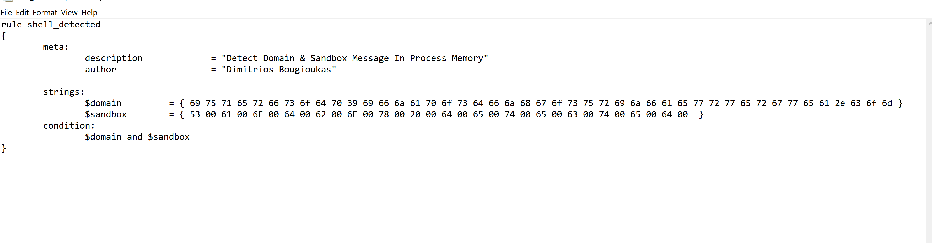 The updated shell_detector rule with the sandbox bytes filled in