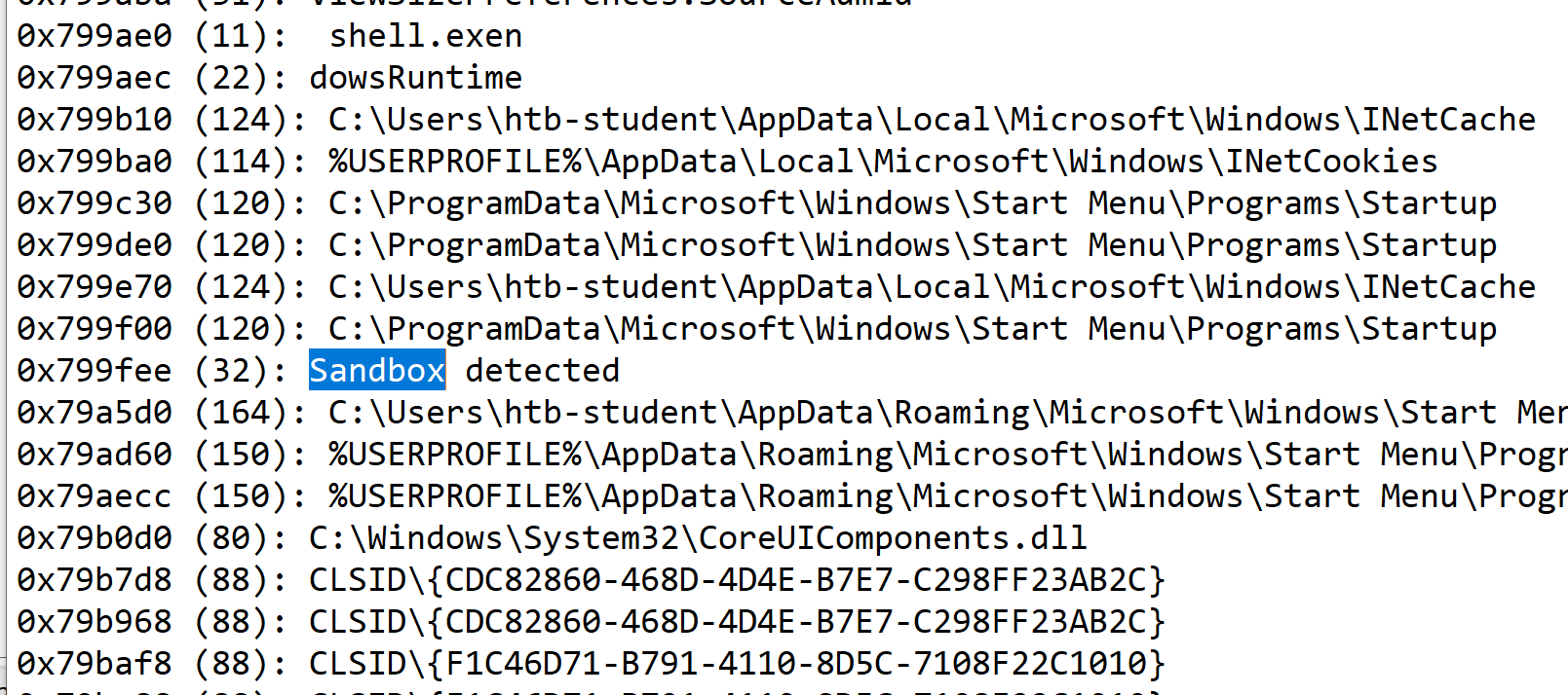 Process Hacker memory strings search for the Sandbox detected message