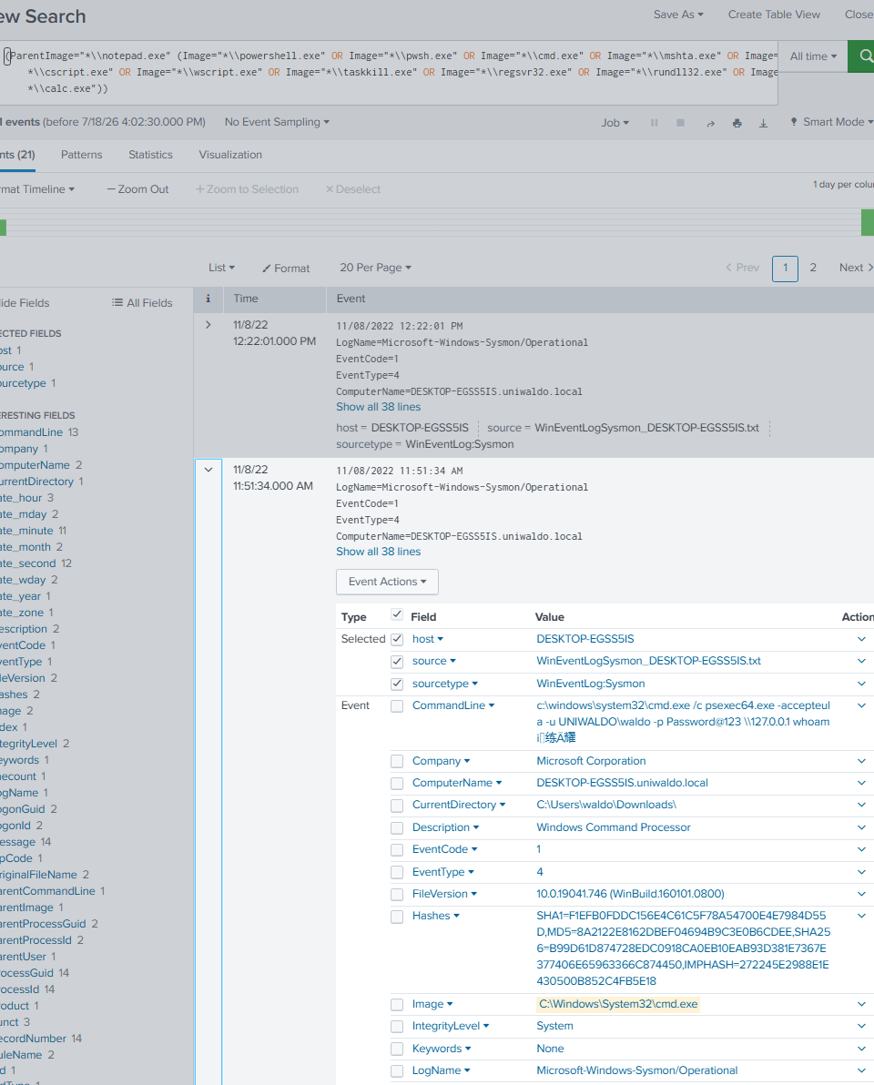 Splunk returning the notepad suspicious child-process detection