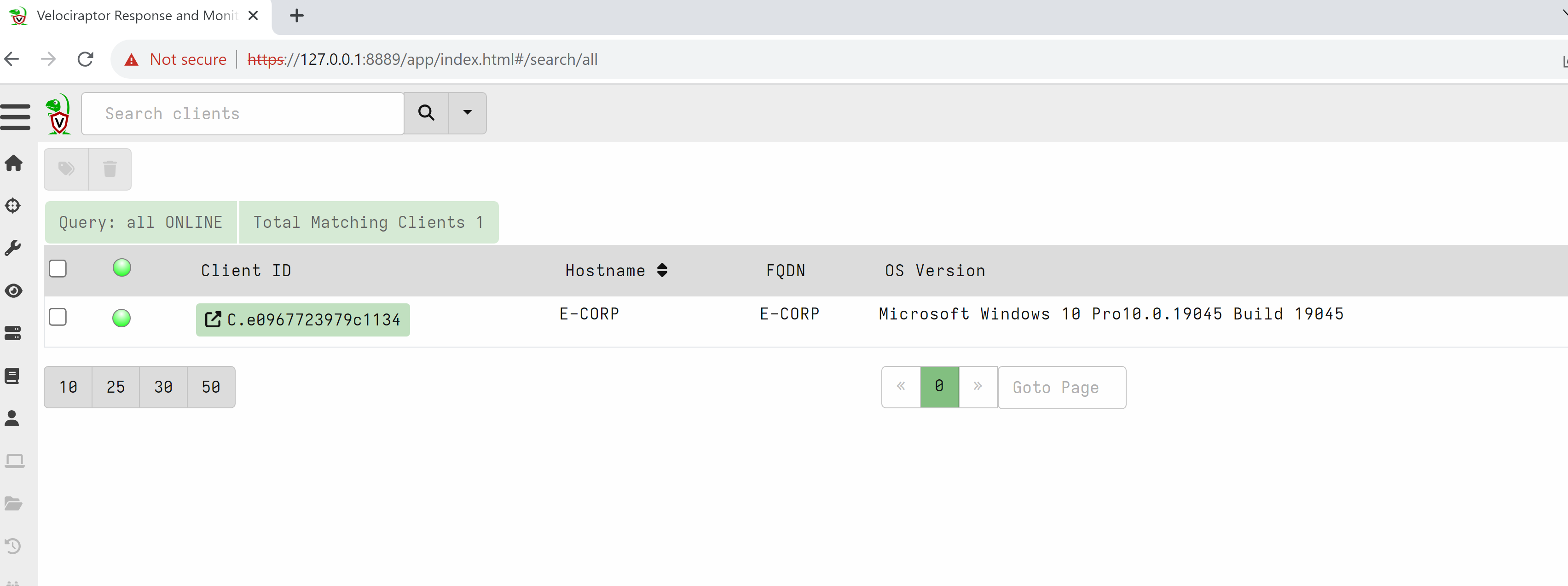 Selecting the online E-CORP client in Velociraptor