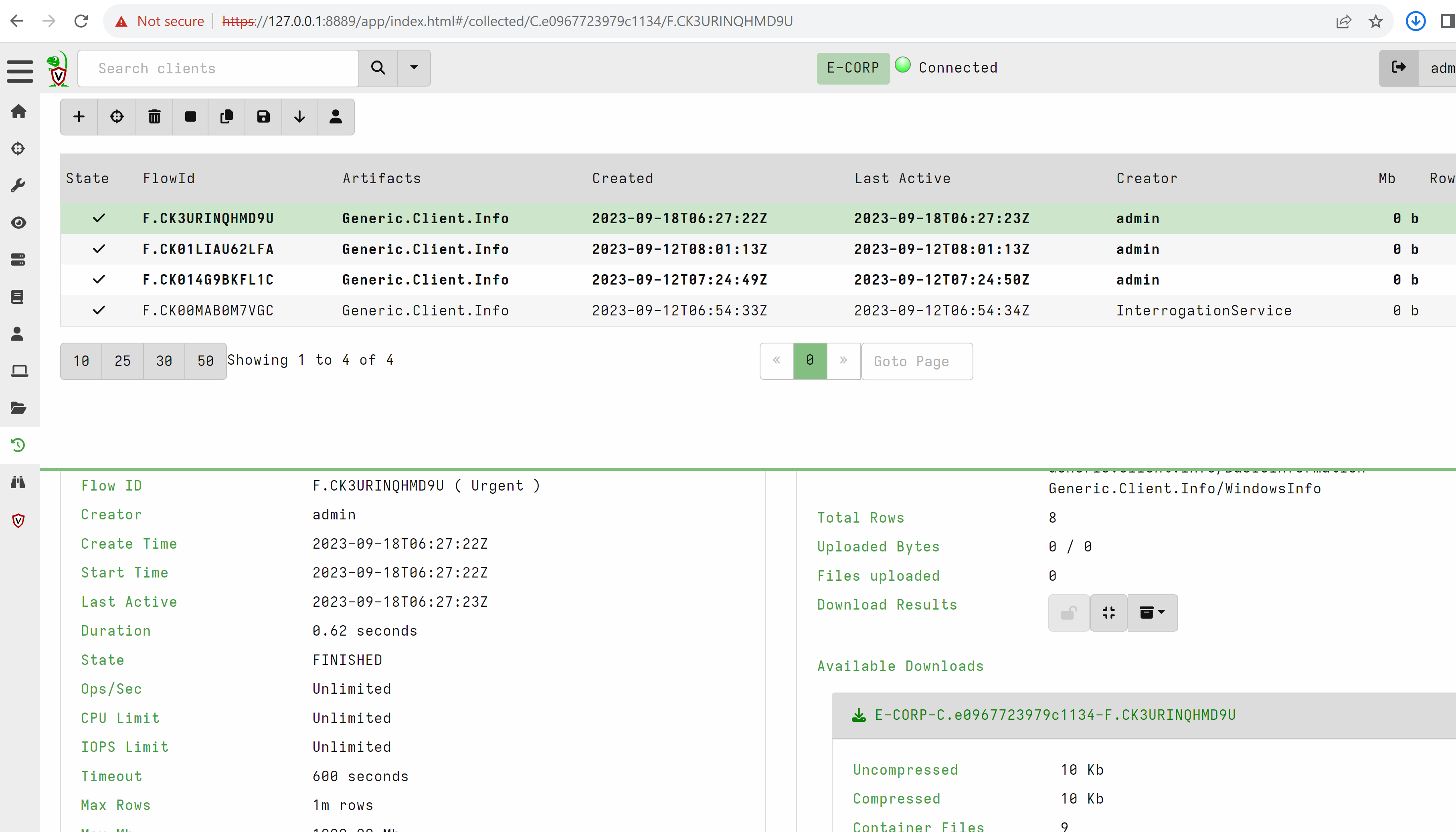 Completed Velociraptor flow with the downloadable result archive