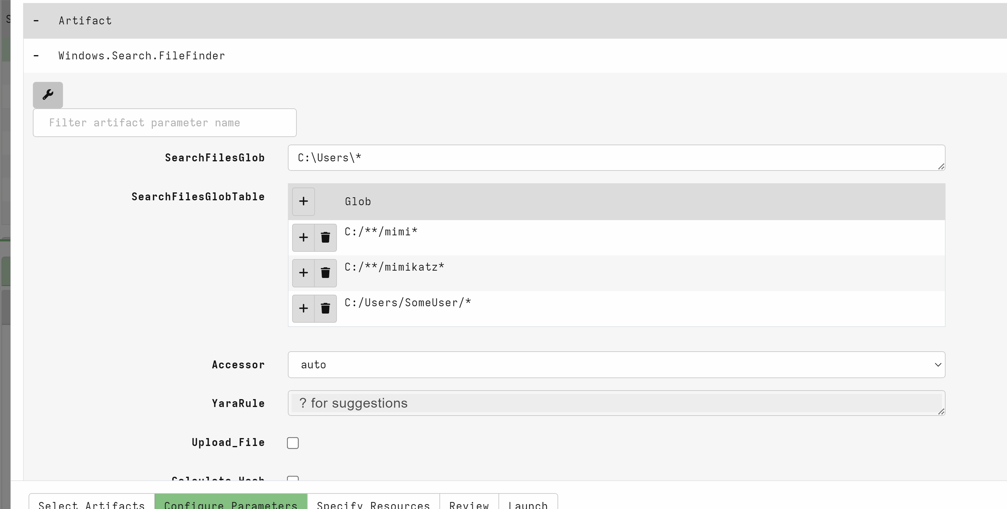 Configuring targeted FileFinder globs for Mimikatz-related paths