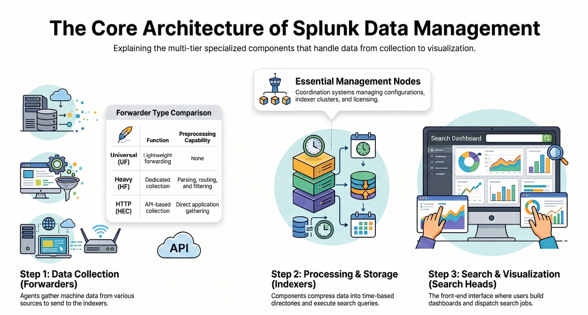 Splunk multi-tier architecture: forwarders, indexers, search heads, and management nodes