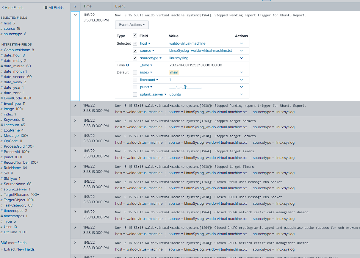 Splunk UI for exploring fields, sourcetypes, and data models