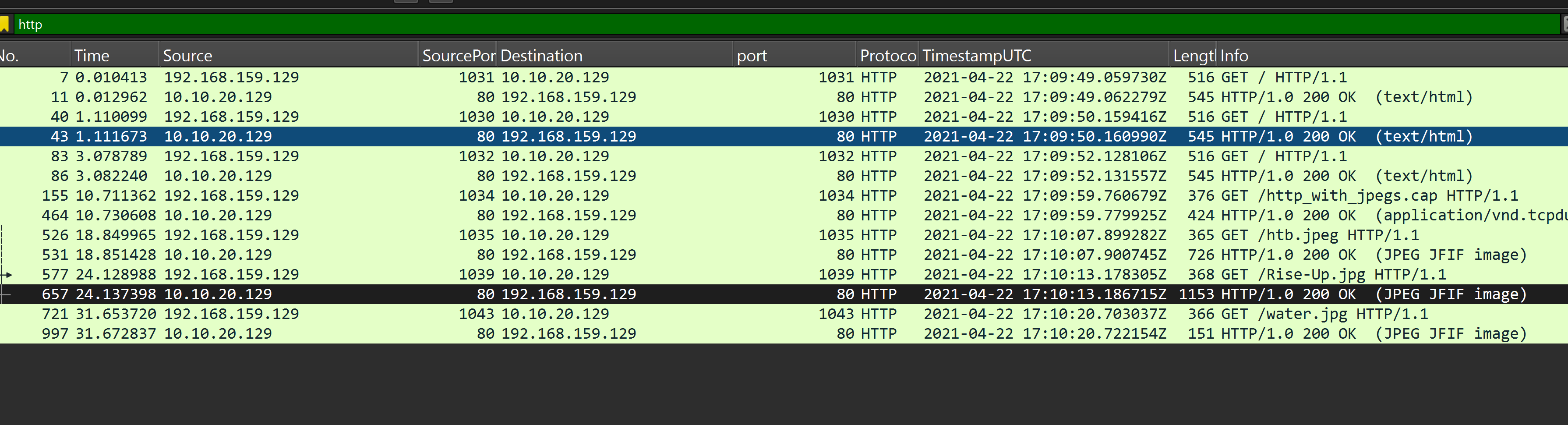 Following the TCP stream to reveal the JPEG transfer