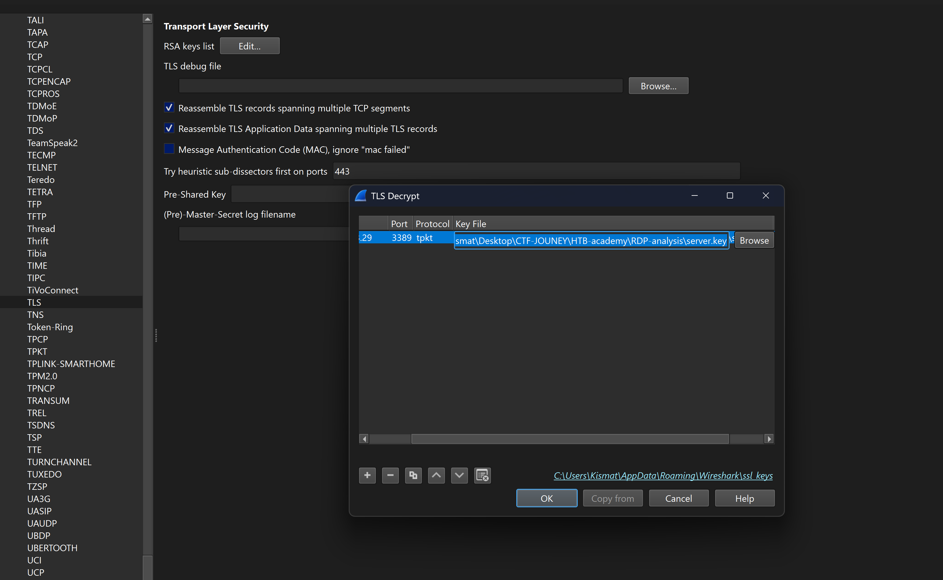 The RDP traffic decrypted with the RSA key