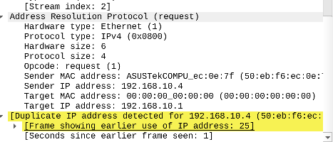Wireshark duplicate address warning on 192.168.10.4
