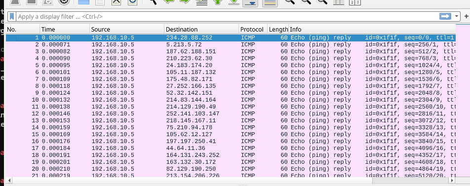 ICMP random source attack, replies to many random IPs