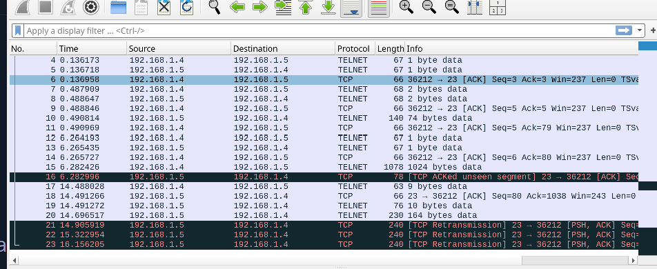 Telnet stream desynchronisation from hijacking