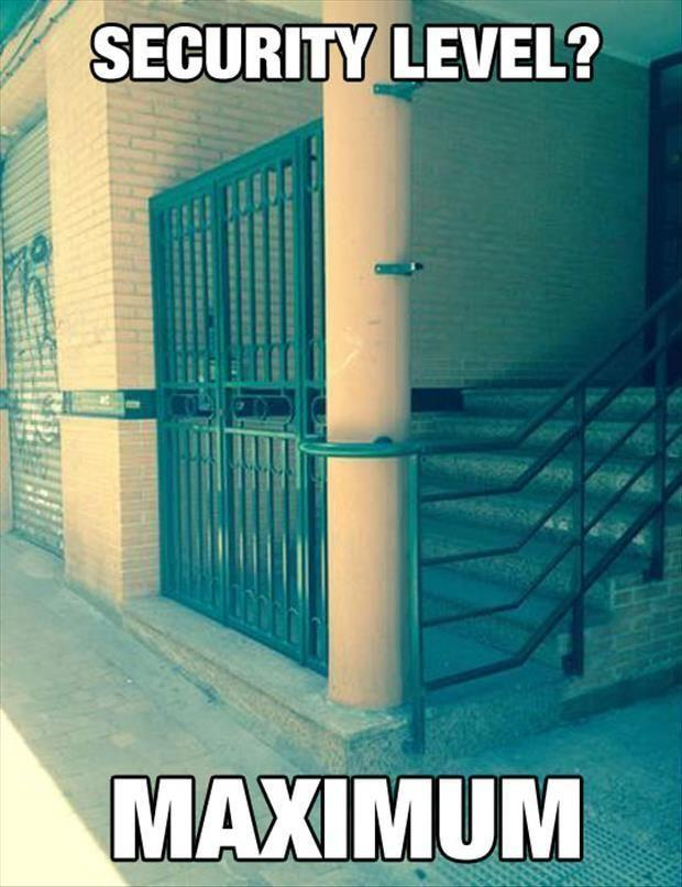 Security level maximum meme showing a gate blocked by poor design