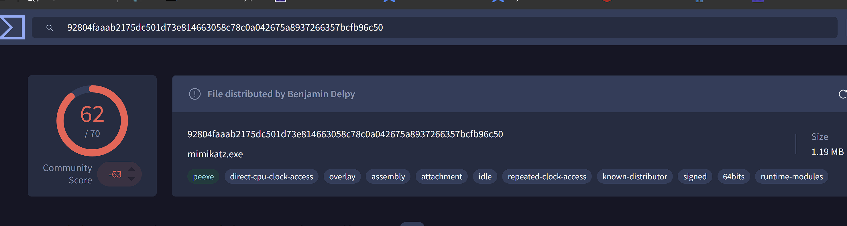Hash and behavior evidence identifying DefragTool.exe as renamed Mimikatz